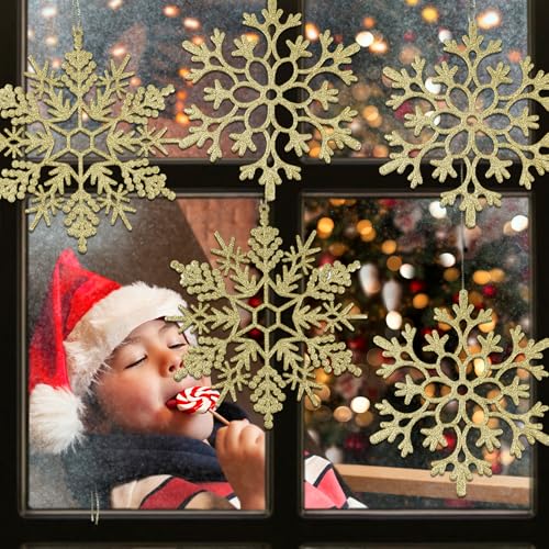 6pcs Large Gold Snowflakes Ornaments 12" Big Plastic Glitter Snowflake for Winter Indoor Outdoor Christmas Tree Window Room Decorations Giant Craft Snowflakes (6 Count)