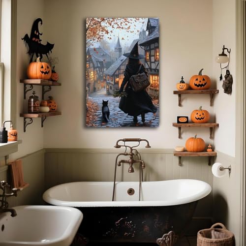 Autumn Witch And Black Cat Picture Wall Decor