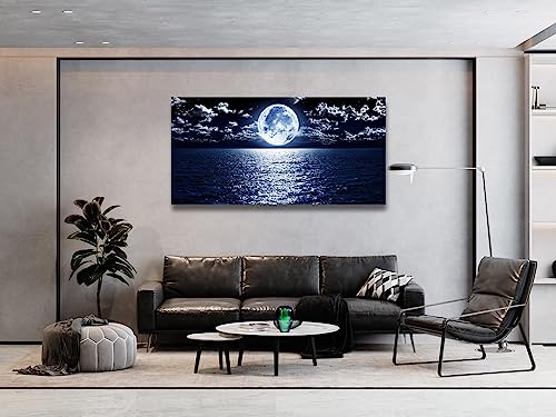 S06975 Wall Art Canvas Prints Moon Sea Ocean Landscape 1 Panels Full Moon in Cloud Pictures Paintings Stretched and Framed for Living Room Bedroom Kicthen Office Artwork 30x60inch