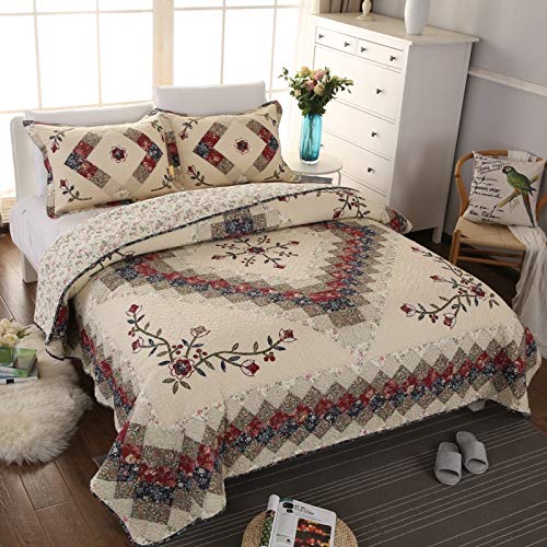 Floral Patchwork Quilt Set Queen Size Authentic Embroidered Stitching Bedspread Coverlet 100% Cotton Beige French Country Reversible Bed Cover Set Soft Breathable Cotton Comforter Cover (3 Piece Set)