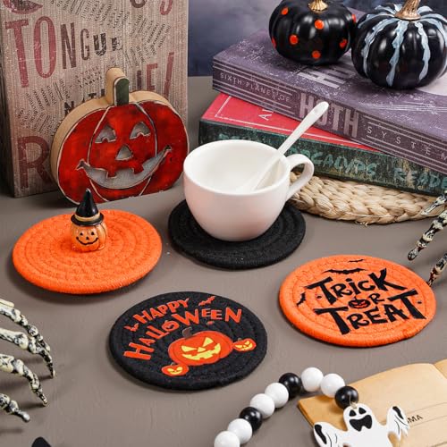 Happy Halloween Cotton Coasters Black Orange Pumpkin Face Handmade Braided Drink Coasters Trick or Treat Absorbent Cup Mats for Party Home Table Decor (4 Count)