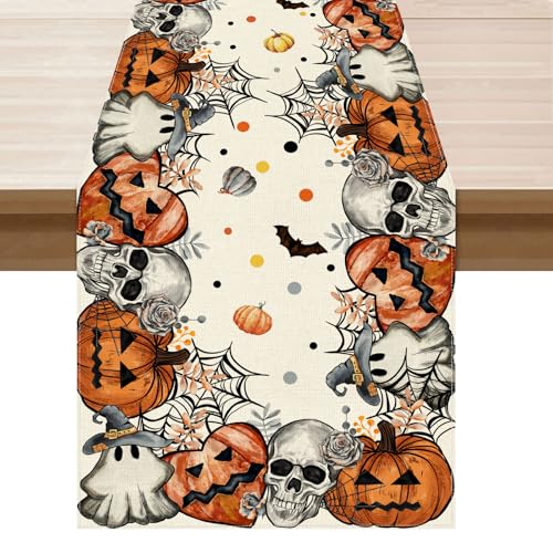Halloween Skeleton Ghost Table Runner for Table Decoration 13x120 Inch (10.899 Sq Ft)