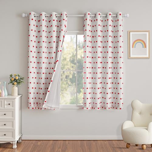 Blackout Curtains for Girls Bedroom 63 Inch Long Red Pom Pom Curtains for Kids Room 2 Panels 100% Room Darkening Window Treatment 2 Layered Drapes Toddler Grommet 50W x 63L