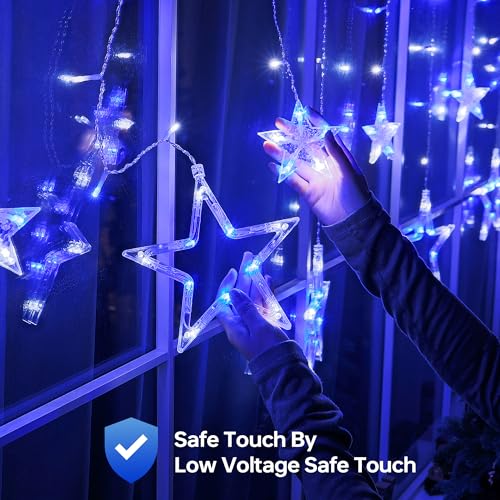 8.2FT 126L Blue White Christmas Star Icicle Curtain Lights Indoor (126 Count)