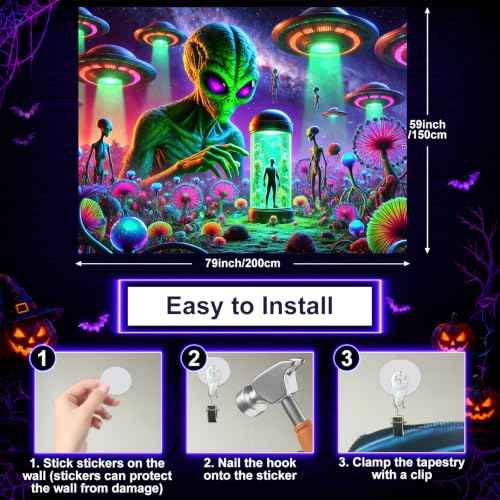 Blacklight Tapestry Alien UFO UV Wall Art 78 x 59 Inch