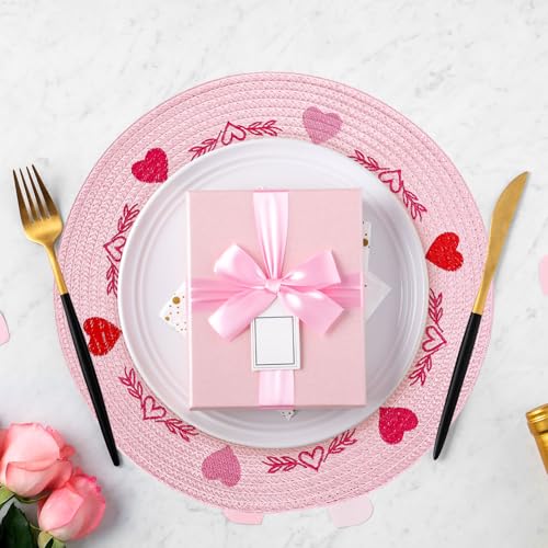 4Pcs Round Valentine Placemats Red Pink Heart Embroidered Place Mats Decorative Dinner Table Mats for Home Wedding Anniversary Party Decor (4 Count)