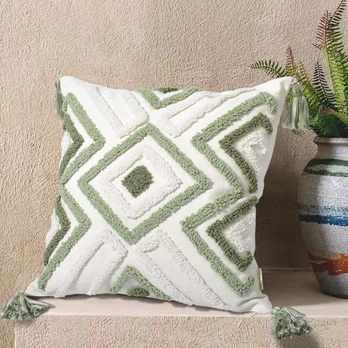 Boho Pillow Covers 18X18 Inch Boho Tufted Throw Pillow Covers Decorative Tassels Cushion Cover Farmhouse Pillow Case for Couch Sofa Bed Living Room Bedroom
