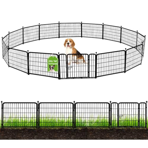 24 in(H) Garden Fence with Gate, 14 Panels Heavy Duty Iron Metal Animal Barrier Fence, Camping Fence, Garden Fences and Borders for Dogs,Total 34.5 Ft(L), Black (70 Sq Ft)