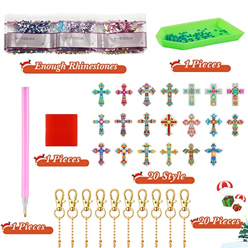 20 Pcs Diamond Art Painting Keychains Kits for Adults 5d Double Sided Cross Shaped Diamond DIY Painting Keychains Gem for Beginners Adults DIY Crafts Decor Gift Party