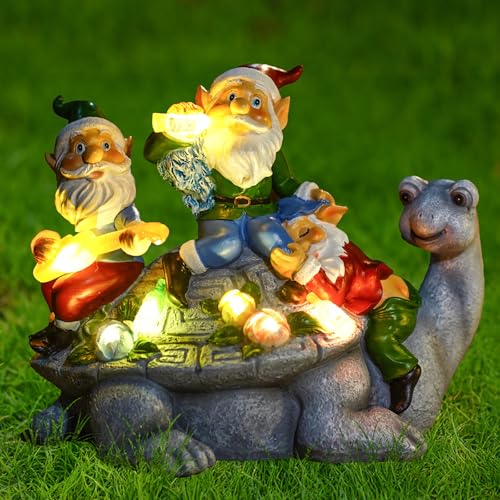 Upgraded Size Solar Garden Outdoor Statues Gnome Turtle Three Gnomes Having Party on Turtle with 7 LED Lawn Decor Outside Decorations for Patio