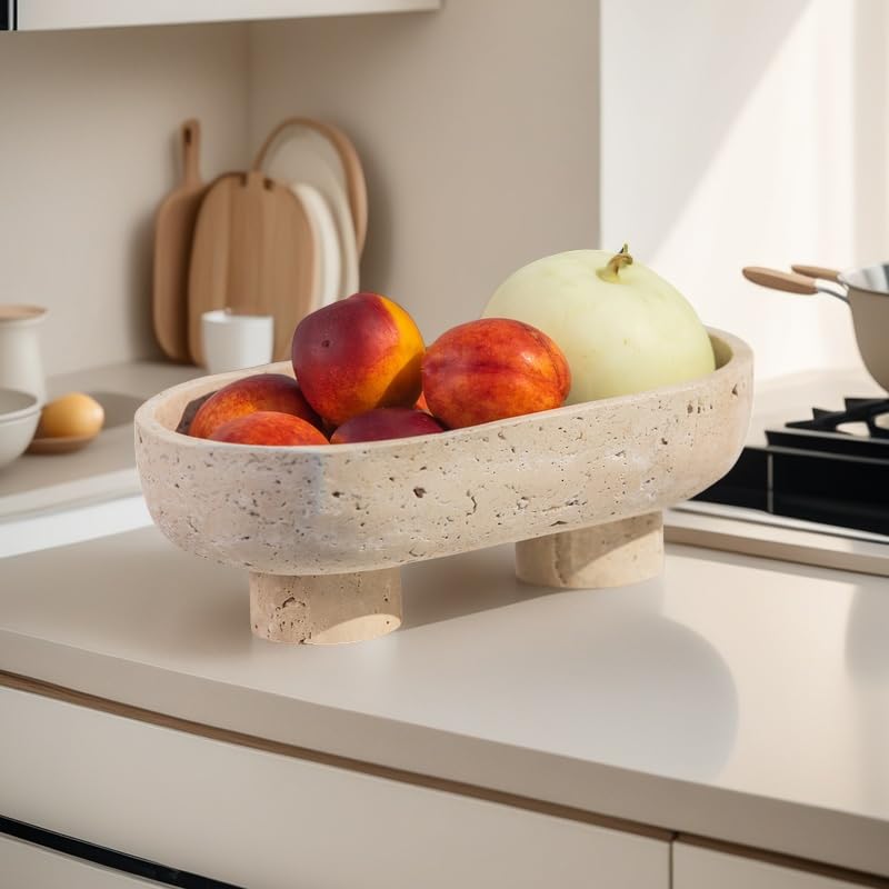 10" Natural Oval Travertine Fruit Bowl for Kitchen Counter