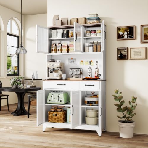 74.8" Tall Metal Pantry Cabinet with Charging Station & LED Light