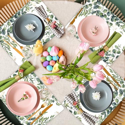 Eucalyptus Leaves Placemat Set of 6 Seasonal Summer Plastic Table Mats Spring Green Leaves Themed Place Mats Rustic Vintage Table Decoration for Indoor Outdoor Party Kitchen Dining (6 Count)