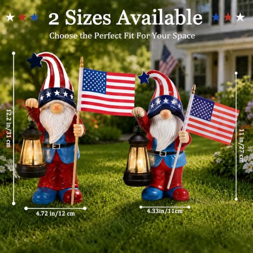 Solar Patriotic Gnomes Statues with Flag for Garden Decor