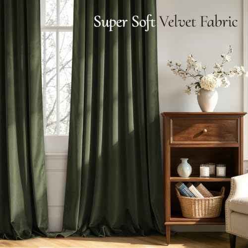 Olive Green Blackout Velvet Curtains Drapes 96 Inch Long 52"x96" (2 Count)