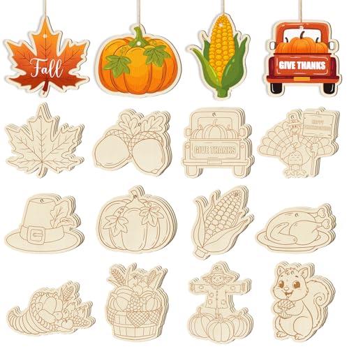 36PCS Wooden Thanksgiving Decoration Fall Ornaments to Paint Happy Thanksgiving Crafts Cutouts Unfinished (36 Count)