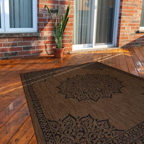 Outdoor Rug 5x7 Medallion Nut Brown Black Modern Area Rugs for Indoor and Outdoor Patios