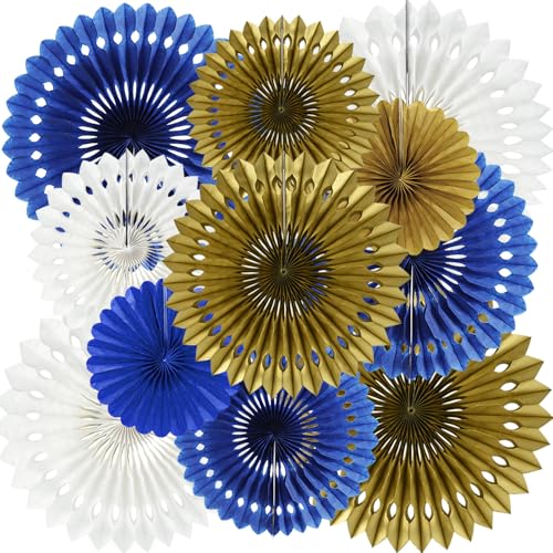 Honeycomb Round Paper Fan Blue Gold White Hanging Party Decoration (11 Count)