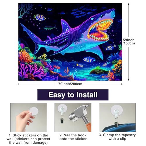 Blacklight Tapestry Shark Underwater UV Backdrop 78 x 59 Inch