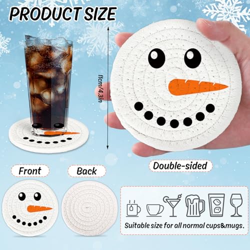 Christmas Cotton Coasters Handmade Braided Drink Coasters Winter Snowman Face Absorbent Cup Mats for Xmas Holiday Party Home Table Decor (4 Count)