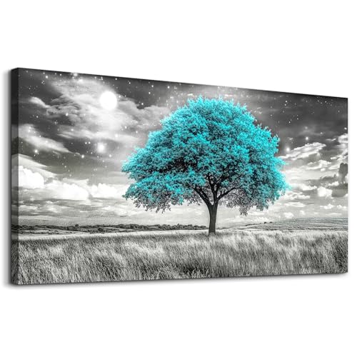 Modern Canvas Print Wall Art Blue Tree Painting Full Of Stars Black And White Art pictures Natural Landscape Wall Decoration Suitable For Living Room Bedroom Office Framed Stretch 20x40 In