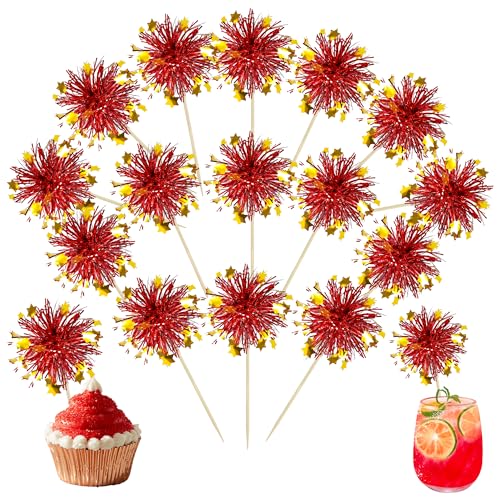 30Pcs Foil Firework Cupcake Toppers Party Birthday Cake Toppers Supplies Sparkle Tinsel Cocktail Fruit Toothpick for Birthday Wedding Graduation Party Red (30 Count)