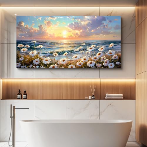 Large Canvas Wall Art For Living Room Bedroom Wall Decor Office Beach With Waves Landscape Painting White Flowers Painting Bathroom Dining Room Artwork Picture Home Decoration 20x40 In