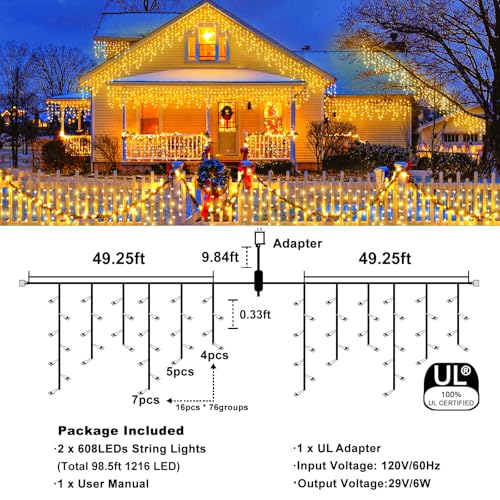 98FT 1216 LED Icicle Lights for Outside