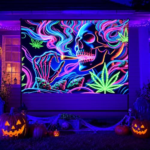 Smoking Skull Blacklight Tapestry 78x59 Inch Goth Wall Decor