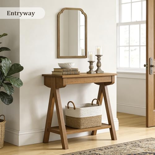 Wood Frame Wall Mirror Rounded Corner Arch Rectangle Mirror for Entryway