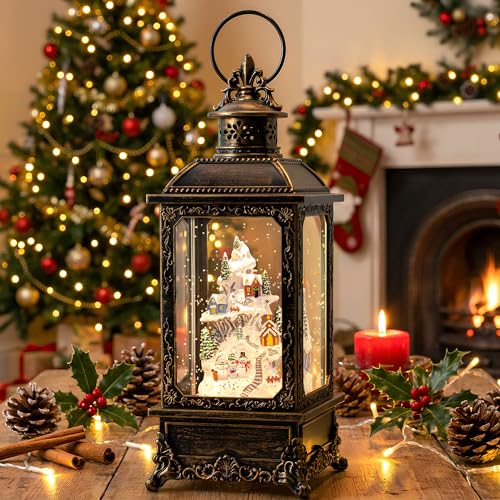 Christmas Snow Globe Lantern Musical Lighted Snow Mountain Snowman Village Water Lantern with Swirling Glitter Decoration for Christmas Home