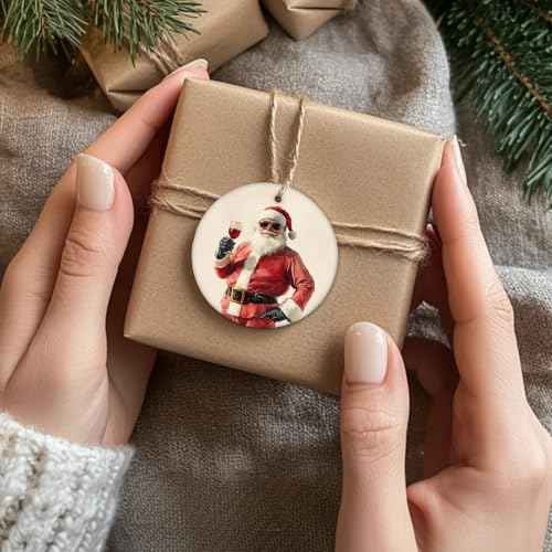 Santa Claus Wine Bar Christmas Ceramic Ornament