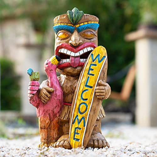 Solar Tiki Garden Statue Outdoor Decor with Flamingo Waterproof Welcome Sign for Tiki Bar