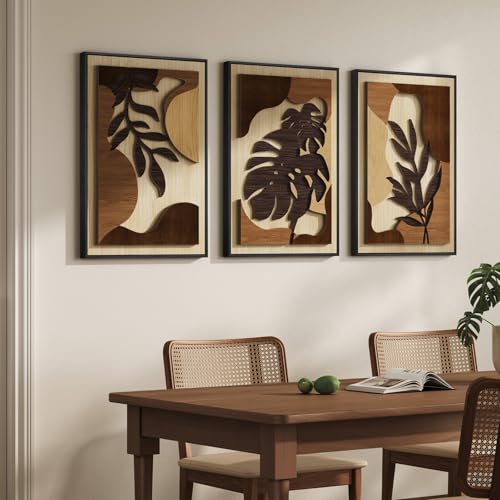 Large Framed Wood 3D Boho Tropical Wall Decor for Living Room (3 Count)