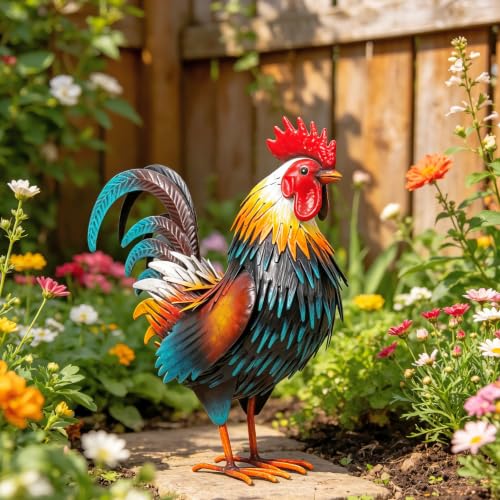 Rooster Garden Statue Sculpture Metal Chicken Yard Decor Outdoor Figurines Patio Backyard Decoration