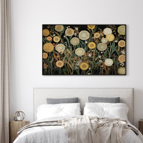 30"x60" Extra Large Framed Wall Art Whimsical Dandelion Field in Yellow and Green