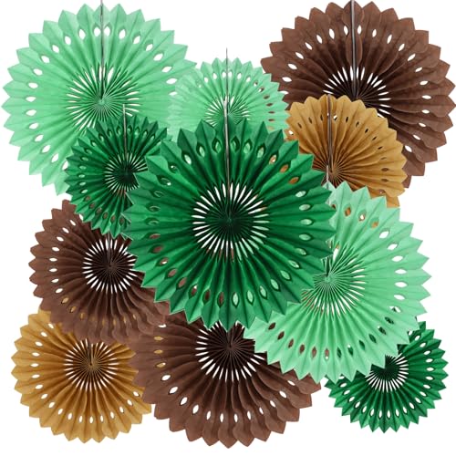 Honeycomb Round Paper Fans Green Brown Hanging Party Decoration (11 Count)