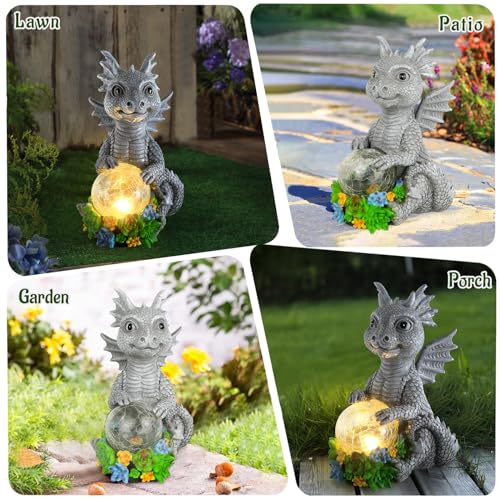 Solar Garden Outdoor Statues Dragon Holding Magic Orb with Solar LED Lights