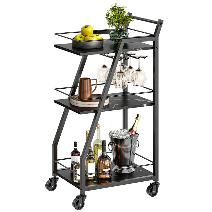 Bar Cart, 3-Tier Home Bar Serving Cart with Wheels, Drink Cart with Glass Holder, Beverage Cart, Rolling Kitchen Cart, for Home, Living Room, Marble Black and Black BC03BM