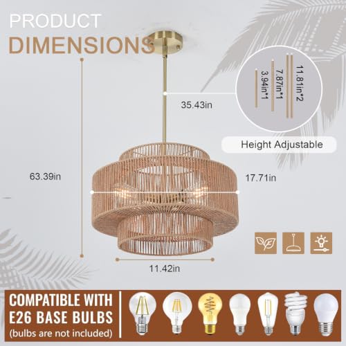 4 Light Hand Woven Rattan Pendant Light 3
