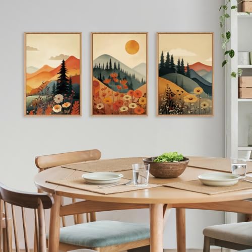Large Boho Mountain Sunset Framed Canvas Wall Art Set