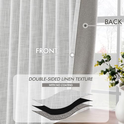 Greyish White 100% Blackout Linen Curtains 102 Inch 2 Panels Set Double Sided No Coating Pinch Pleated Back Tab Floor to Ceiling Black out Thermal Insulated Bedroom Living Room Darkening Drapes