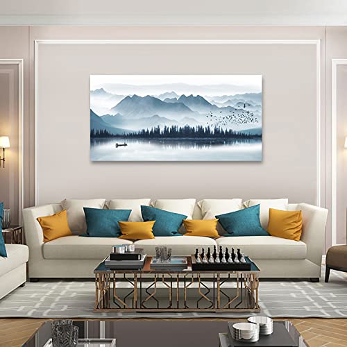 Indigo Canvas Wall Art Misty Mountain Wall Pictures Foggy Lake Boat Painting Print Blue Forest Birds Artwork Wall Decor for Living Room Wall Decorations Framed Ready to Hang 29" x 58"
