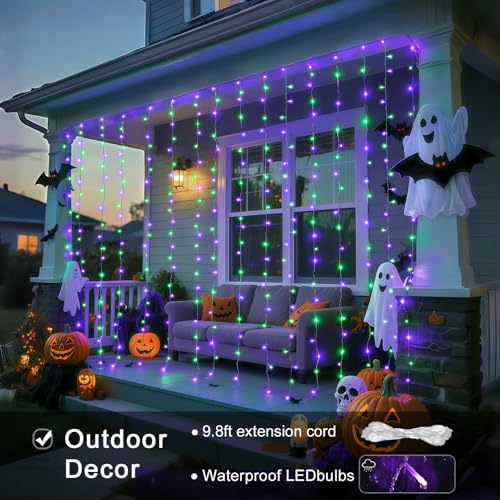 300LED Purple & Green Curtain Lights for Halloween Decor (9.8 Foot)