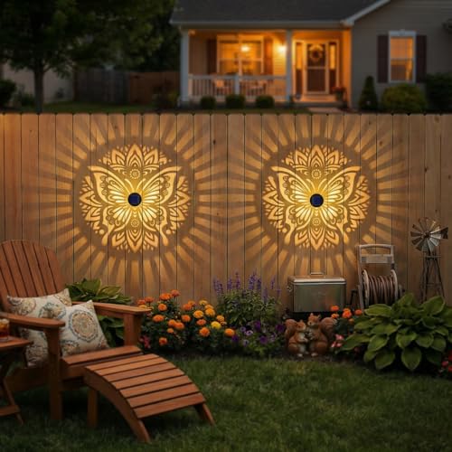 2 Pack Solar Fence Lights Metal Solar Powered Outdoor Wall Deck Step Lights Butterfly Mandala Theme Waterproof Fence Light for Garden Post Patio Backyard Yard Decor (2 Count)