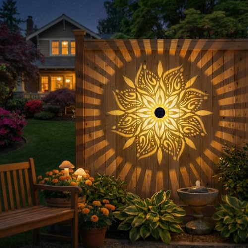 2 Pack Solar Fence Lights Metal Solar Powered Outdoor Wall Deck Step Lights Mandala Theme Waterproof Fence Light for Garden Post Patio Backyard Yard Decor (2 Count)