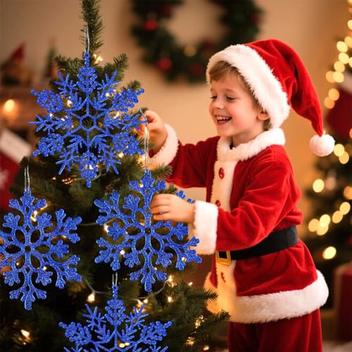 6pcs Large Navy Blue Snowflakes Ornaments 12" Big Plastic Glitter Snowflake for Winter Indoor Outdoor Christmas Tree Window Room Decorations Giant Craft Snowflakes (6 Count)