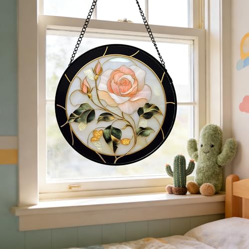 Pink Rose Stained Glass Window Hanging Suncatcher Gifts for Women 12"