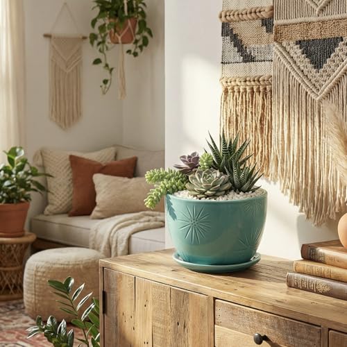 7 Inch Turquoise Ceramic Planter Pot with Drainage Hole & Saucer