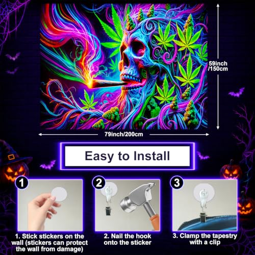 Blacklight Tapestry Smoking Skull Neon Decor 59 x 78 Inch
